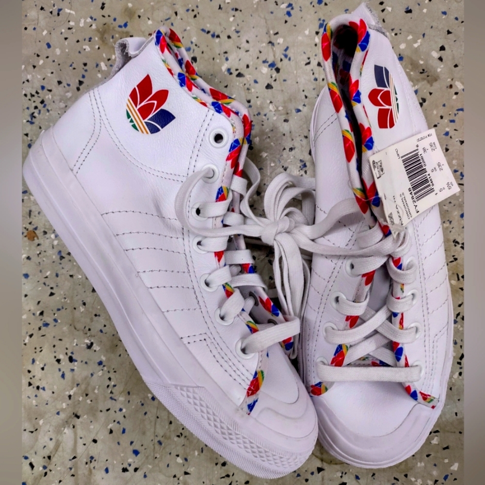 Adidas brand white/colorful high tops size woman 7.5 (kids 5.5) NWT